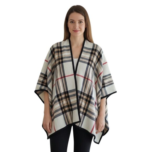 Charter Club Sweaters - Charter Club Tan Exploded Plaid Poncho Cape One Size SOFT Brown Black Cream